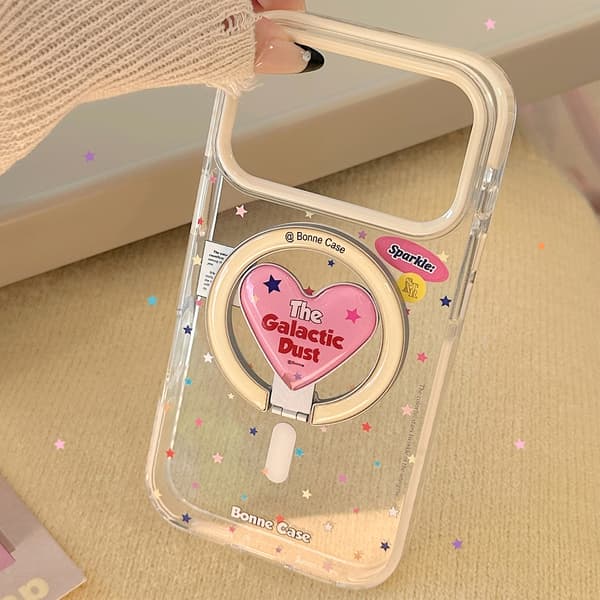Magnetisk telefondeksel til iPhone 17 Pro Max, rosa og blått stjernedesign med hjerteformet støtte