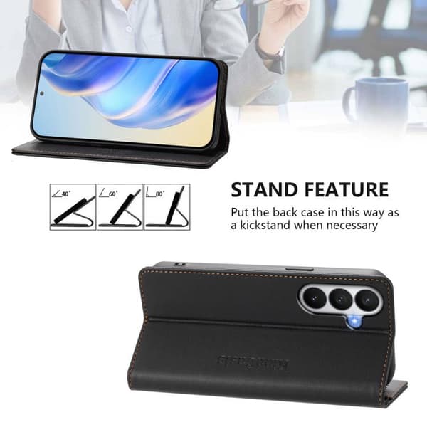 Samsung Galaxy S26 5G Case with Double Foldable Magnetic Suction Function in RFID Leather Svart