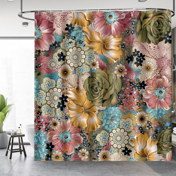 IC Boho Kukallinen suihkuverho Moniväriset kukat painettu boheemi etninen setti 12 koukulla kylpyhuoneeseen, 72\"×72\"