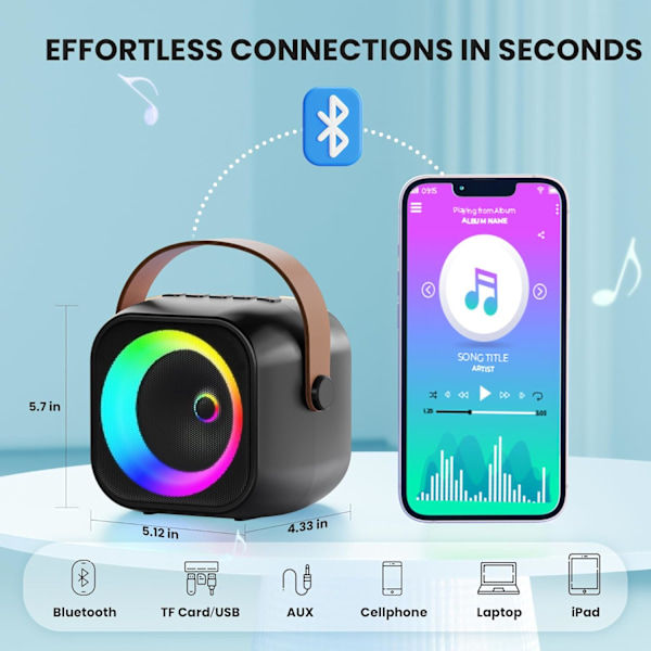 Mini Karaoke Maskine, Bærbar Bluetooth Karaoke Højttaler med 2 Trådløse Mikrofoner og Partylys