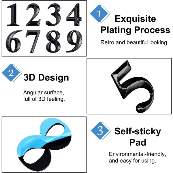 Galaxy 10 kpl itseliimautuvia 3D-talonumeroita Postilaatikon osoitenumerot 0-9 (musta)