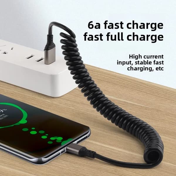 Spiralbilladerkabel 6A Hurtiglading USB-C for iPhone 15 Huawei Xiaomi[ZHE] 0.25m-1m USB A to USB C