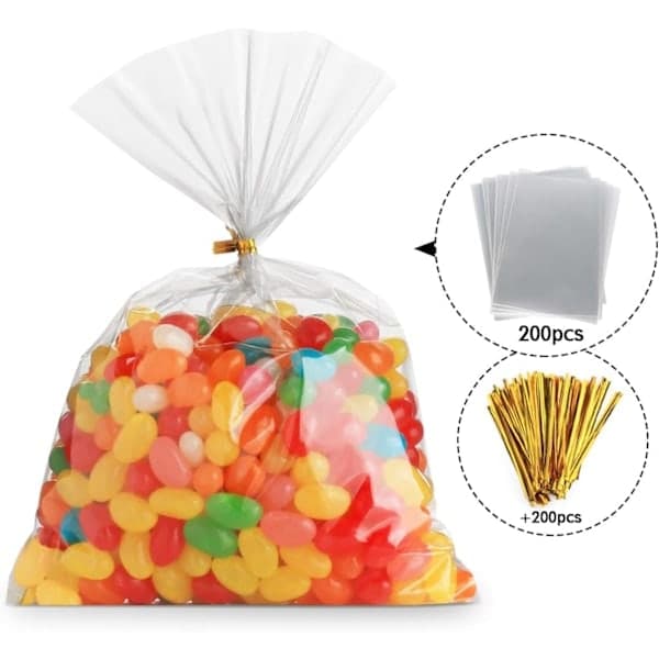 200 stk. Klar Plastikpose OPP-pose 15x20cm Cellofan Slikpose Transparent Gavepose med Twist Tie 10cm til,A