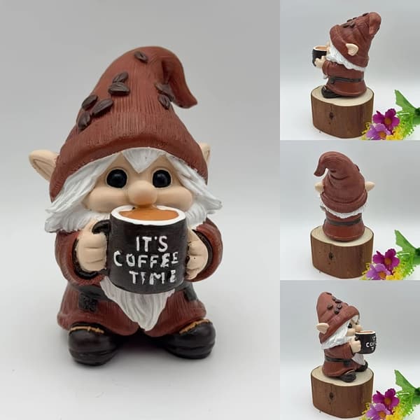 Kaffetid Nisse Statue - 3D Resin Figur til Hjemmekontor Indretning, Finurlig Bordpynt