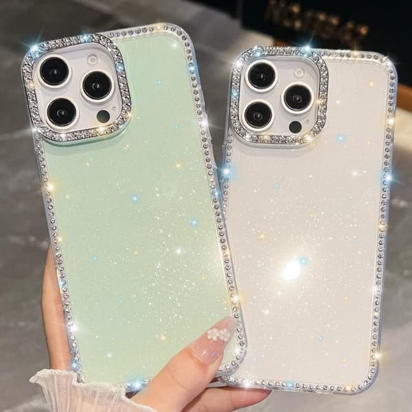 iPhone 17 Pro-deksel med Rhinestone-glitter og 4-hjørners anti-fall Vit