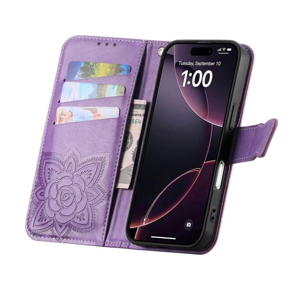 iPhone 17 Skinnveske med preget sommerfuglblomst Lavendel
