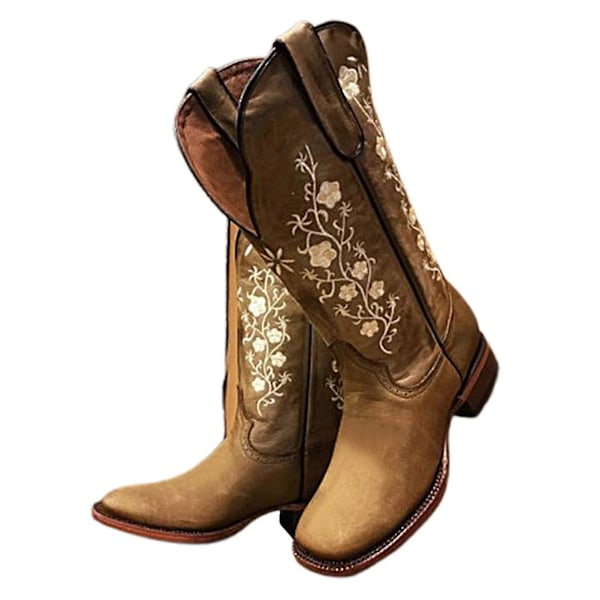 Dame Bred Skaft Firkantet Tå Cowboy Støvler - Moderne Vestlige Broderede Cowgirl-støvler Sorte Black Black 40