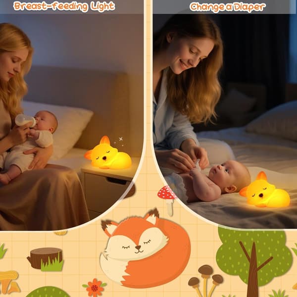 Ræv natlampe genopladelig sød silikone touch-lampe dæmpbar 2 tilstande bærbar til børneværelse vuggestue babyer