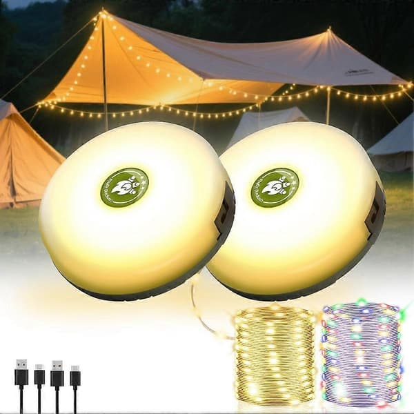 2-pack camping string lights, 4-in-1 quick storage, 8 modes 10 meter rechargeable hanging tent lamp with flashlight, work light - camping accessories