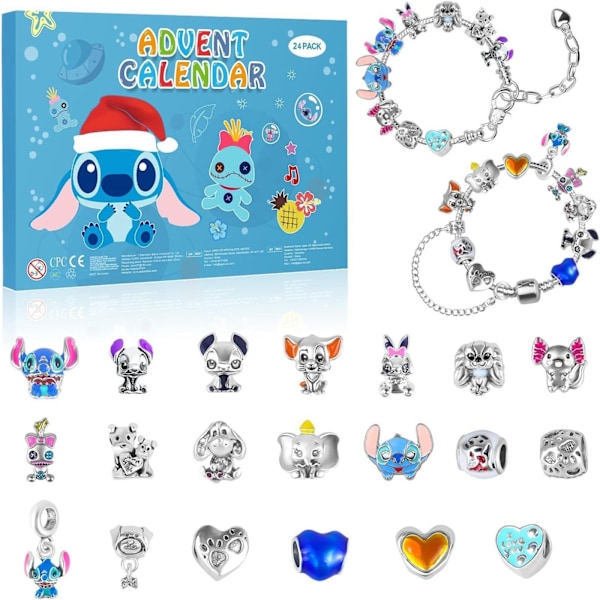 Advent Calendar 2024 Girls, 24 Days Christmas Countdown Calendar with 2 Bracelets and 22Pcs Unique Cartoon Charm Beads, Christmas Gifts for Girls