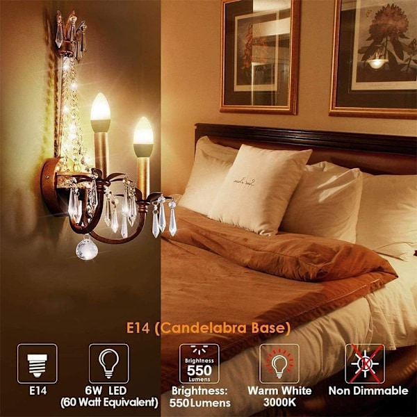 LED-lampa E14, varmvit 3000K, C37 6W (motsvarande 60W halogenlampor), bea...