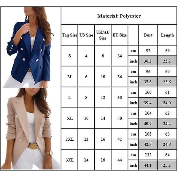 Kvinner Dobbelspent dressjakke langermet kåpe Formell Business Casual Slim Fit Jakke Yttertøy Svart Black S