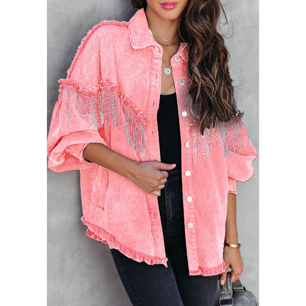 Avslappnad Denimjacka med fransar för damer Rosa Rosa Pink XL