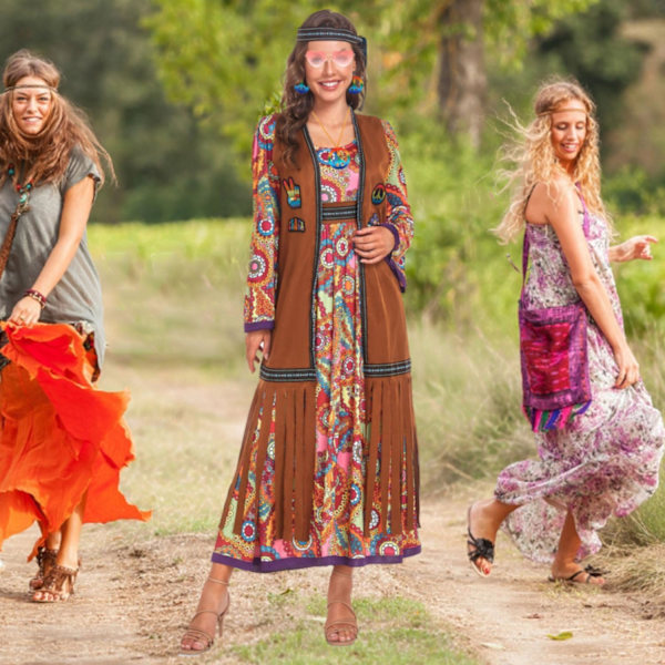 60'er kostume kvinder, hippie kvindekjolesæt, 70'er disco halloween outfits, hippie tøj kvindekostume, 60'er tøjtilbehør [ch] M