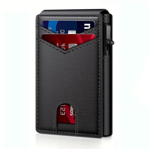 Men's Wallet in Black Carbon Fiber Texture, RFID Blocking Pop-Up Card Holder, Slim Foldable Wallet with Magnetic Closure, Compact Lightweight