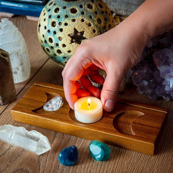 Træ Triple Moon Stativ Træ Tarot Kort Lys Display Holder Altar Forbrugsvarer