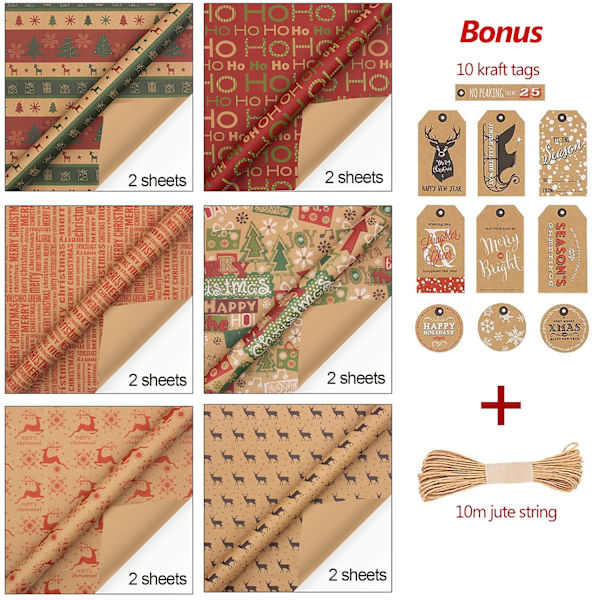 Julepapir, laget av resirkulert kraftpapir, 12 brettede ark 70x50cm med 6 vintage-design (bonus 10m jutetråd og 10 koder)
