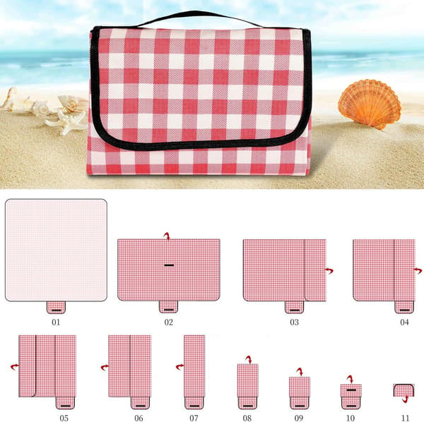 Waterproof Picnic Blanket with Oxford Fabric and PVC Backing, Foldable Lightweight with Handle for Beach Camping Trips, Red Plaid 200x200cm