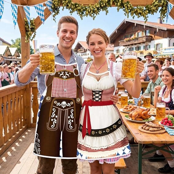 Oktoberfest-förkläde 2 st justerbart, bayerskt grillförkläde med roligt tryck, matlagningsförkläde med öltema för grillfest utomhus