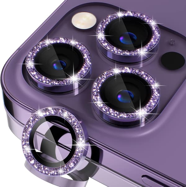 [3+1] for iPhone 14 Pro/iPhone 14 Pro Max Camera Lens Protector Bling, 9H Tempered Glass Camera Cover Screen Protector Metal, Purple Glitter