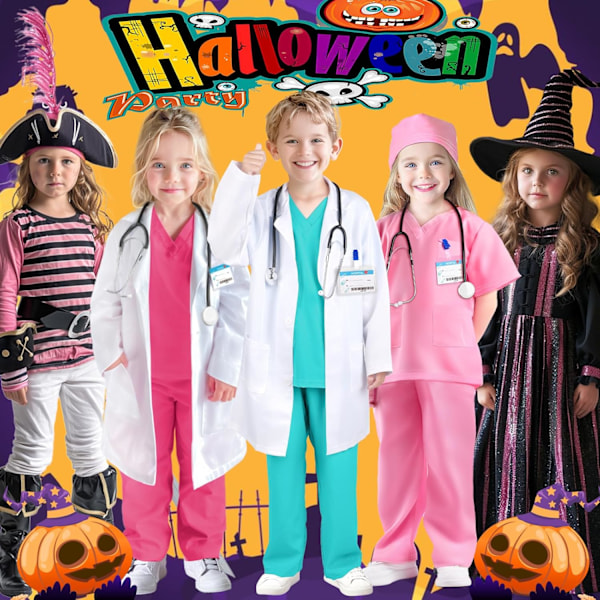 Lægeudklædning til børn - Scrub, Stetoskop, Kitel - Halloweenkostume, Erhvervsdagskostume til piger 3-12 år 7-8 år 7-8 Years Green