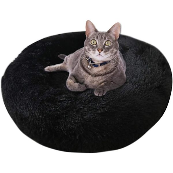 Rund plys katteseng til kæledyrskatte og små hunde Katteseng pude Donut Hundeseng passer Nestsofa XH062 (diameter: 60, sort)