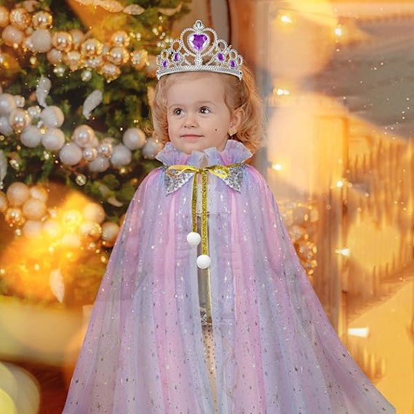 Prinsesse-antrekk for jenter, 11 deler Prinsessekappe med krone, Prinsessekjole for jenter 3-8 år Bursdagsgave (Lilla) Purple