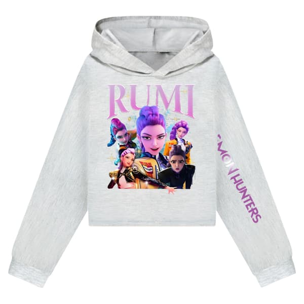 Kpop Demon Hunter Girls Cropped Hættetrøje med trykte ærmer - Grå Grå X Grå X