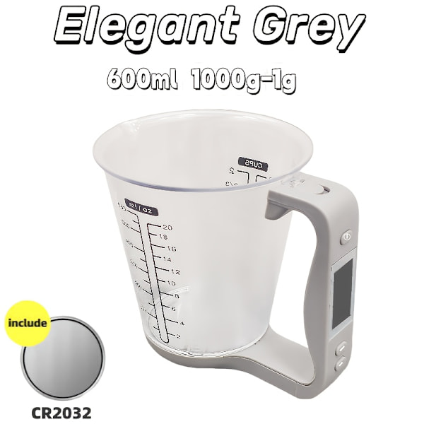 Smart 600 ml målebeger med vekt, termometer og 6-i-1 enhetskonverterer Gray