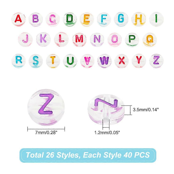 1040 stk. 26 mm akrylperler, flade runde blandede farver bogstaver horisontalt hul [ZHE]