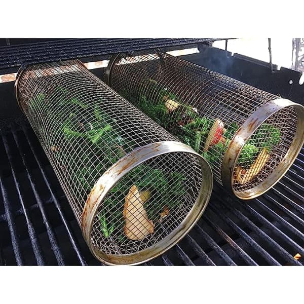 BBQ Rullende Grillkurv, 1 stk Sylindrisk Grillkurv i Rustfritt Stål Trådnett 20*9*9CM