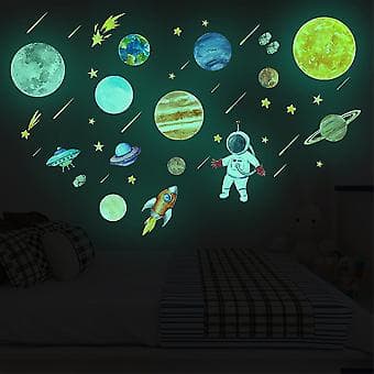 Vægmærkater med rumtema til børneværelset, planeter, stjerner og astronaut-mærkatsæt til børneværelse [ZHE]