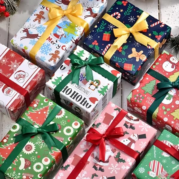 Julklappspapper Set med Jultomte-, Julgrans- och Renmönster för Julklappar Mixed