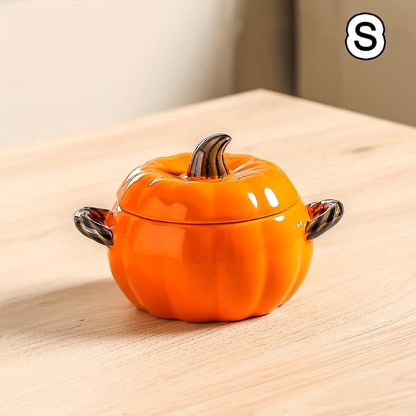 Keramisk græskarskål med låg og håndtag til suppe, slik og efterårsindretning Small