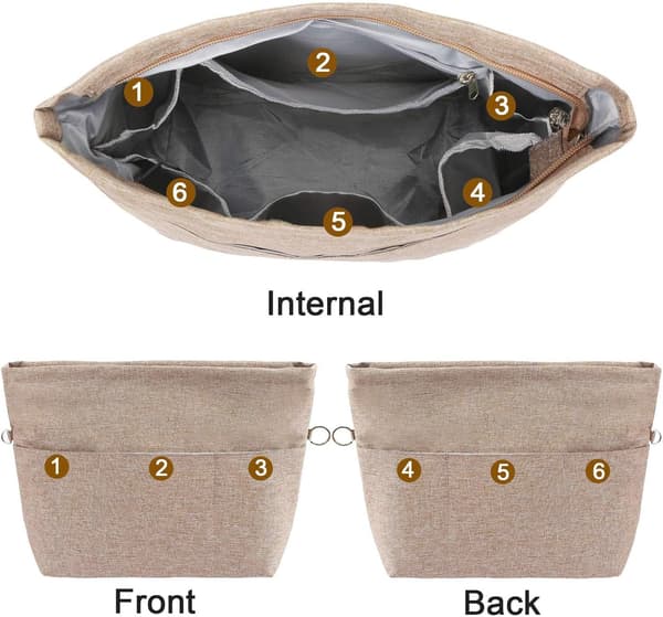 Handbag Organizer, Bag Organizer with Multiple Compartments and Zippers, Sturdy Bag Organizer with Keychain. Light Brown, S