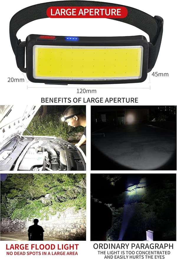 COB LED Hodelykt, Kraftig USB Oppladbar Hodelykt, Vanntett 2000 Lumen Frontlykt, Arbeidslampe