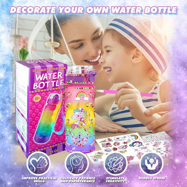 Mermaid DIY Timanttitaide Mukisetti - Lasten askartelutoiminta, uudelleenkäytettävä 600 ml:n vesipullo jalokivillä