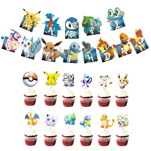 REMAKE Pikachu-tema födelsedagsfest banderoll ballonger dekorationer set