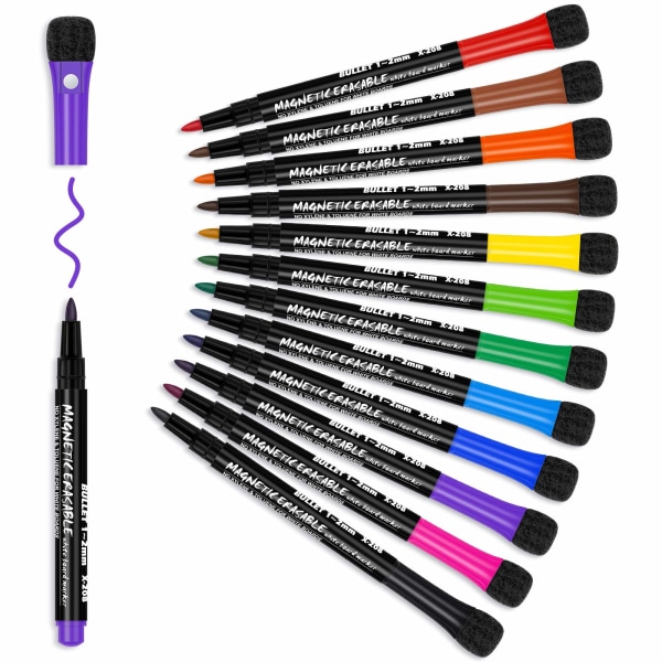 12 magnetiske whiteboard tusser og viskelæder sæt - Farve whiteboard markører Sletbare-tørre slette markører - Tynd whiteboard pen børn sletning markør