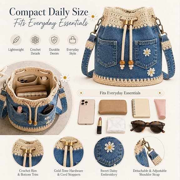 Denim Bucket Bag for Women, Boho Drawstring Crossbody Bag & Handbag with Adjustable Strap, Crocheted Edge, Daisy Embroidery