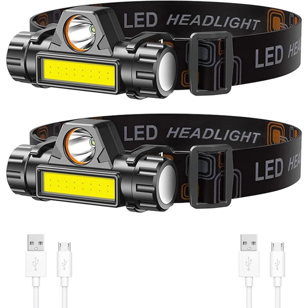 Uppladdningsbar pannlampa 2-pack, superljus och lätt LED-strålkastare, justerbar vinkel- och remlampa, vattentät strålkastare Ficklampa för Runnin