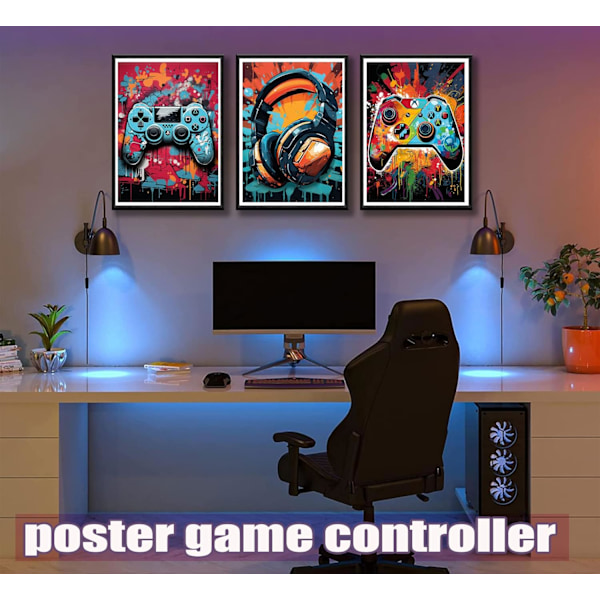 3 stk. Cool Gaming Vægkuns Retro Videospil Akvarel Posters Billeder Farverige Neon Gamepad Canvas Malerier Tryk 12x16in Uden Ramme