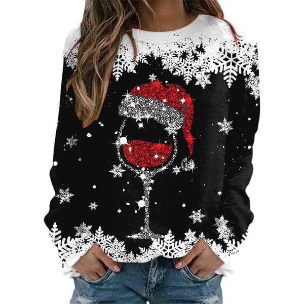 Women's Christmas Sweater, Crew Neck Long Sleeve Hoodie, Pullover - Black - Size S Black