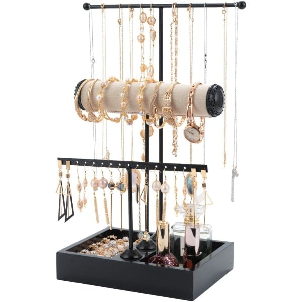 Elegant Antik Bronze T-formet 3-etagers Smykkestativ til Halskæder, Armbånd og Ure (Sort) szq