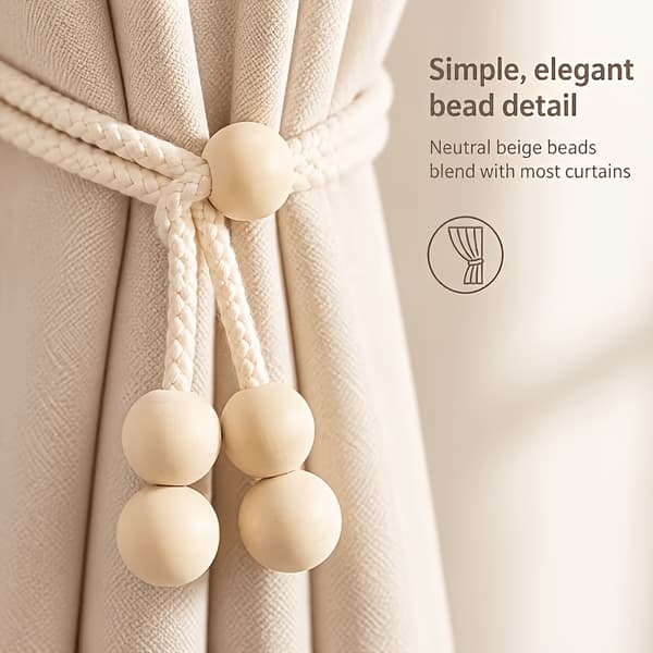 Justerbar gardinstrop med træperler, 4-pak til stue, soveværelse, kontor 4pcs/pack White