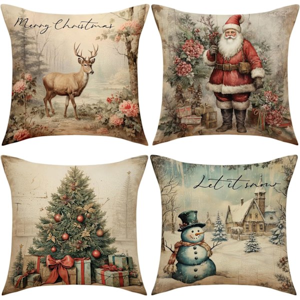 4 stk Merry Christmas putetrekk julegaver juletre firkantede putetrekk lin stoff glidelås putevar (18x18 tommer)
