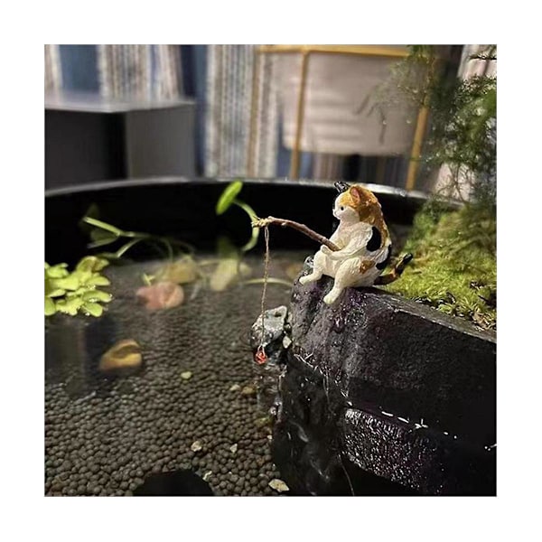 7 stk Kattfiskefigurer Kattstatue Sittende og Fiskende Søte Små Katter Harpiksdekorasjon Dekorativ