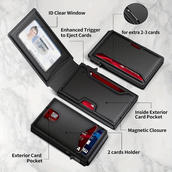 Men's Wallet in Black Carbon Fiber Texture, RFID Blocking Pop-Up Card Holder, Slim Foldable Wallet with Magnetic Closure, Compact Lightweight