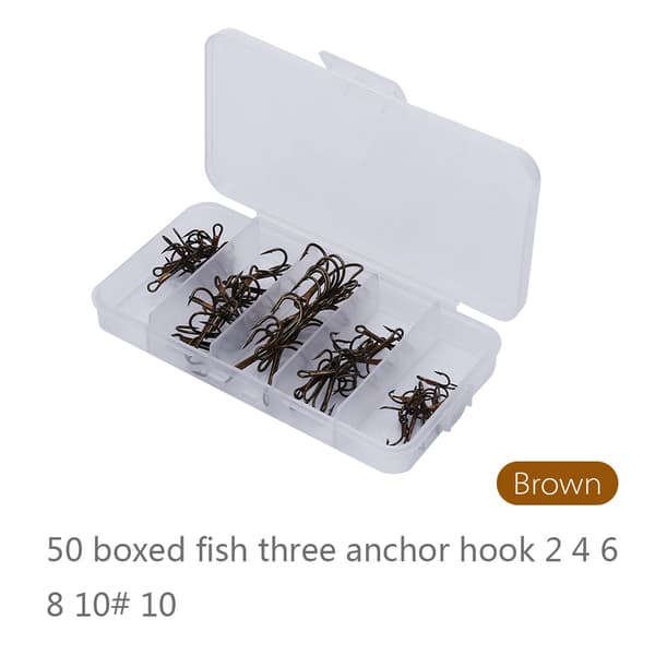 50pcs/Box Fishing Hook Sharpened Treble Hook 5 Sizes 2/4/6/8/10 Fishing Hook Equipment Brown