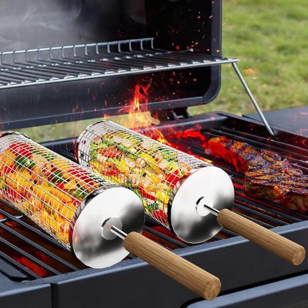 2-pakke 304 rustfritt stål utendørs BBQ-kurv med trehåndtak, stålgren, krok, for campingkullgrill